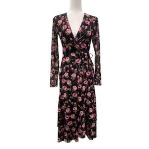 White House Black Market Tiered Wrap Dress Floral Black Midi Long Sleeve